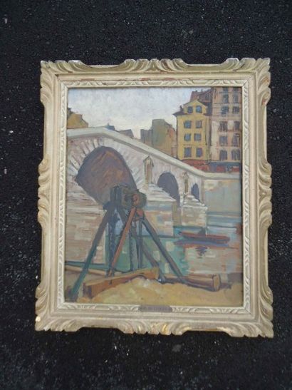 R de LYQUES, école XXème siècle Le Pont Neuf Huile sur isorel 38 x 346,5 cm