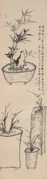 CHINE - XIXe siècle 
Encre sur papier, représentant quatre pots d'orchidées et de...