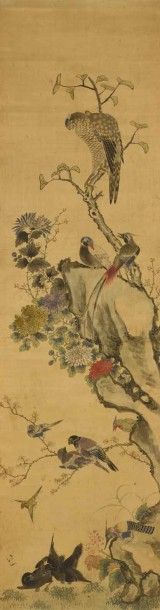 CHINE - XIXe siècle 
Encre et couleurs sur soie, représentant des oiseaux perchés...