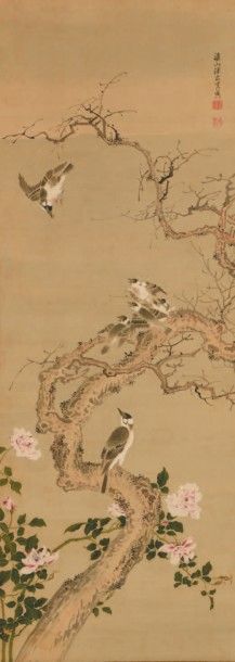 JAPON - XIXE SIÈCLE 
Encre et couleurs sur soie, représentant des oiseaux perchés...