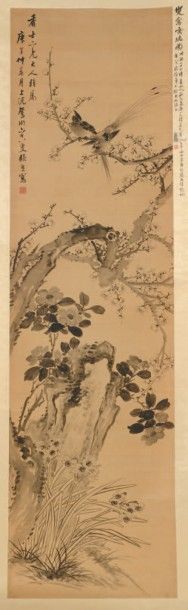 CHINE - XIXe siècle 
Encre sur soie, représentant des fleurs de printemps: narcisses,...