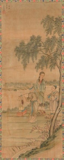 CHINE - XXe siècle 
Encre et couleurs sur soie, représentant une femme et un enfant...