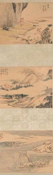 CHINE - XIXe siècle 
Ensemble de quatre rouleaux, chacun composé de trois peintures.
Encre...