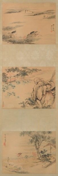 CHINE - XIXe siècle 
Ensemble de quatre rouleaux, chacun composé de trois peintures.
Encre...