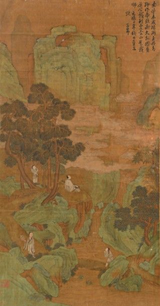 CHINE - XIXe siècle 
Encre et couleurs sur soie, représentant des lettrés dans un...