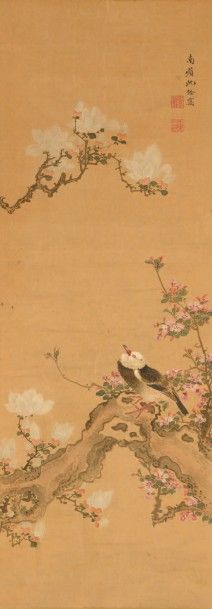CHINE - XIXe siècle 
Encre et couleurs sur soie, représentant un oiseau perché sur...
