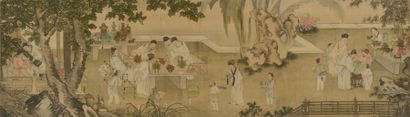 CHINE - XIXe siècle 
Encre et couleurs sur soie, représentant des lettrés et enfants...