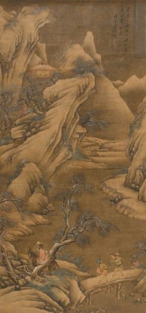 CHINE - XIXe siècle 
Encre et couleurs sur soie, représentant un lettré traversant...