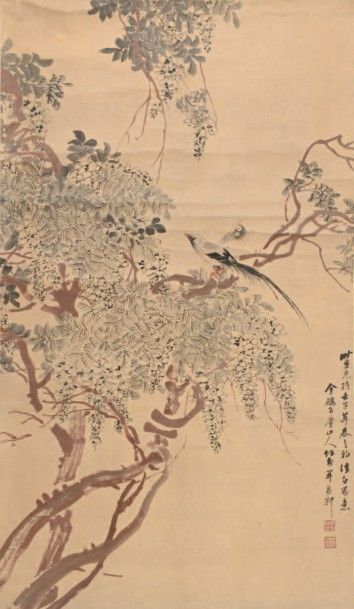 CHINE - XXe siècle 
Encre et couleurs sur papier, représentant deux oiseaux perchés...