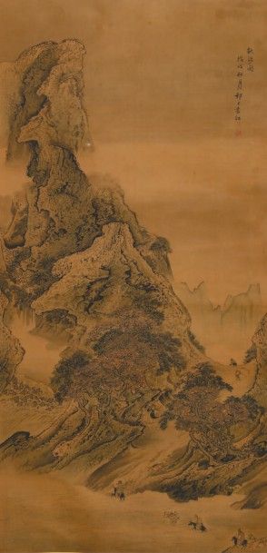 CHINE - XIXe siècle 
Encre et couleurs sur soie, représentant des lettrés traversant...