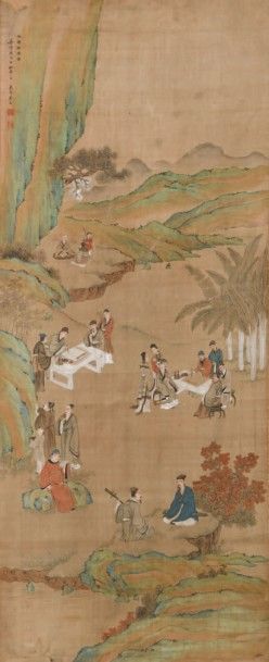 CHINE - XXe siècle 
Encre et couleurs sur soie, représentant les lettrés qui se réunissent...