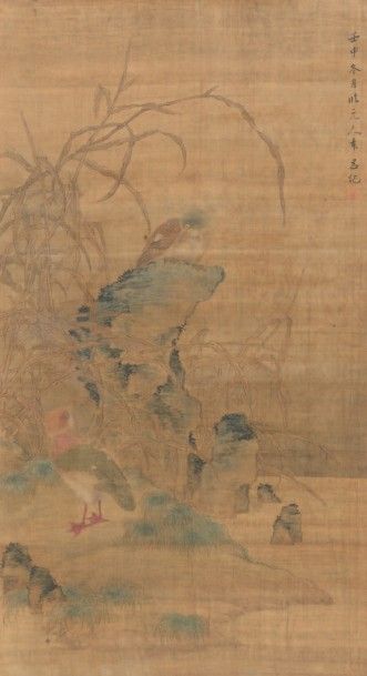 CHINE - XIXe siècle 
Encre et couleurs sur soie, représentant deux canards mandarins...