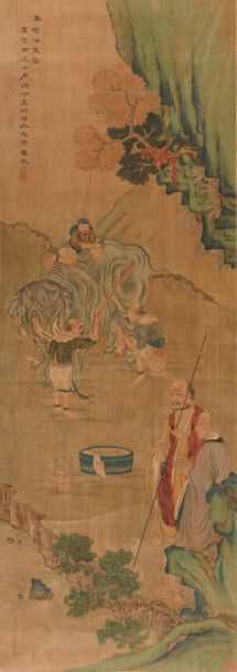 CHINE - XXe siècle 
Encre et couleurs sur soie, représentant des immortels lavant...