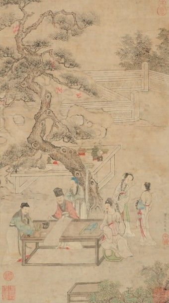CHINE - XIXe siècle 
Encre et couleurs sur papier, représentant des lettrés et femmes...