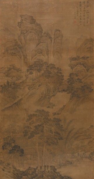 CHINE - XIXe siècle 
Encre et couleurs sur soie, représentant des lettrés dans un...