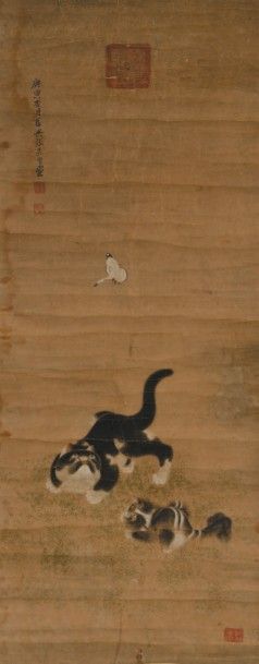 CHINE - XIXe siècle 
Encre et couleurs sur papier, représentant un chat et un chiot...