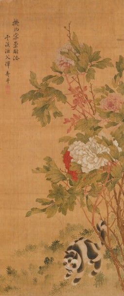 CHINE - XIXe siècle 
Encre et couleurs sur soie, représentant un chat sous des branches...