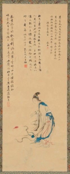 CHINE - XXe siècle 
Encre et couleurs sur papier, représentant une femme ramassant...