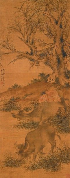 CHINE - XXe siècle 
Encre et couleurs sur soie, représentant un enfant assis sur...