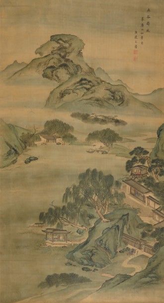 CHINE - XIXe siècle 
Encre et couleurs sur soie, représentant des pavillons parmi...