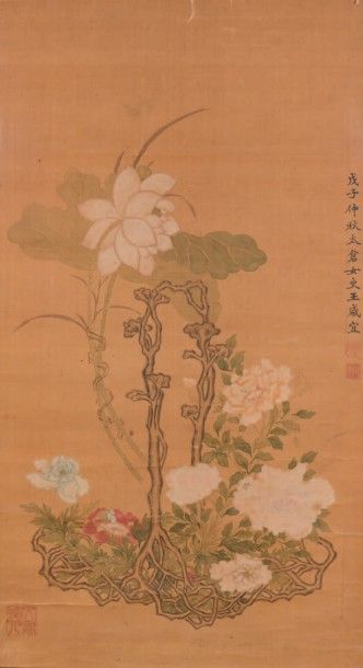 CHINE - XIXe siècle 
Ensemble de deux peintures:
Encre et couleurs sur papier, représentant...