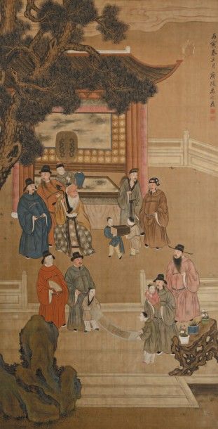 CHINE - XIXe siècle 
Encre et couleurs sur soie, représentant des dignitaires et...