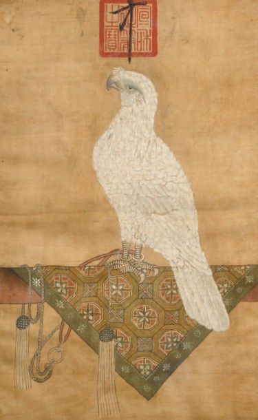 CHINE - XIXe siècle 
Encre et couleurs sur soie, représentant un aigle blanc perché...