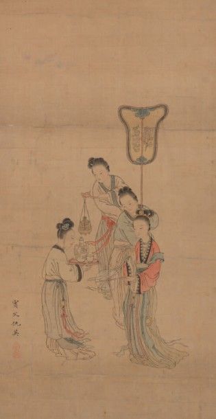 CHINE - XIXe siècle 
Ensemble de trois peintures:
- Encre et couleurs sur soie, représentant...