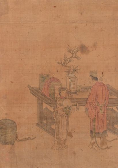 CHINE - XIXe siècle 
Ensemble de trois peintures:
- Encre et couleurs sur soie, représentant...