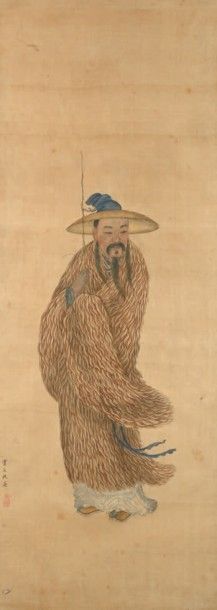 CHINE - XIXe siècle 
Encre et couleurs sur soie, représentant un pêcheur debout tenant...