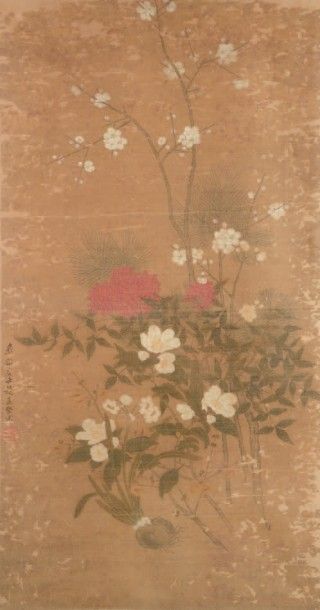 CHINE - XIXe siècle 
Encre et couleurs sur soie, représentant des plantes de printemps:...