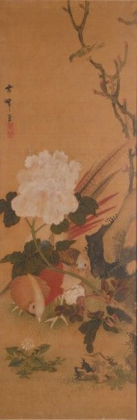CHINE - XIXe siècle 
Encre et couleurs sur soie, représentant un couple de faisans...