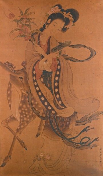 CHINE - XIXe siècle 
Encre et couleurs sur soie, représentant immortel Ma Gu tenant...