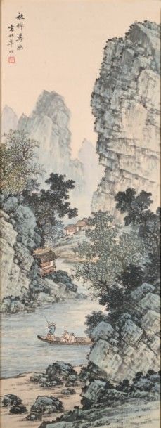 CHINE - XXe siècle 
Encre et couleurs sur papier, représentant deux lettrés sur une...