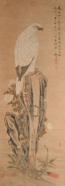 CHINE - XIXe siècle 
Encre et couleurs sur papier, représentant un aigle blanc perché...