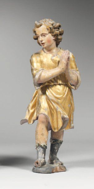null Statuette en bois finement sculpté laqué au naturel, figurant un Saint personnage,...