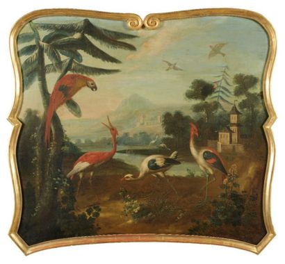 Ecole FRANCAISE vers 1780 Oiseaux près du lac Toile chantournée. 74 x 82 cm Manq...