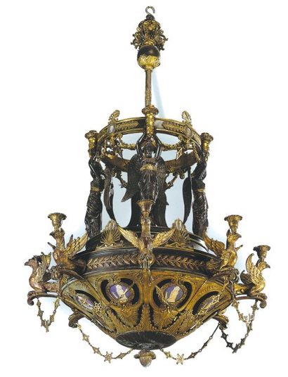 null Importante suspension en bronze ciselé doré et patiné en forme de lampe antique...