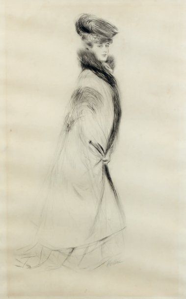 Paul HELLEU (1853-1927) Elégante au manteau. Gravure à la pointe sèche. Signée en...