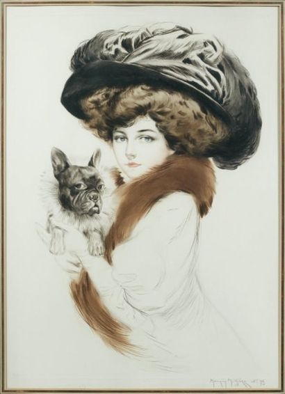 Maurice MILLIERE (1871-1946) Elégante au chapeau et au bull dog. Gravure avec rehauts...