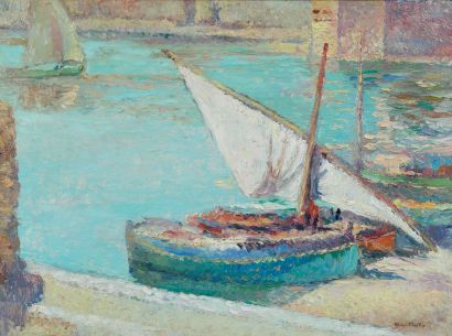 Henri MARTIN (1860-1943) Bateaux à Collioures Huile sur toile signée en bas à droite....