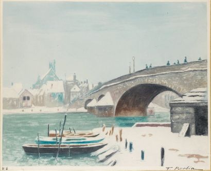 Francis PICABIA (1879 - 1953) Le pont de Villeneuve-sur-Yonne, effet de neige. Vers...