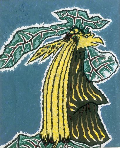 Jean LURCAT (1892 - 1966) Un grand coq sur fond vert. 1956 Gouache signée et datée...