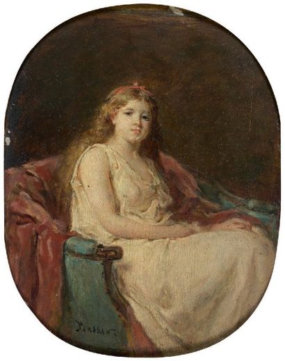 Emile Antoine PLASSAN (1817 - 1903) Jeune femme assise dans un canapé Huile sur panneau...