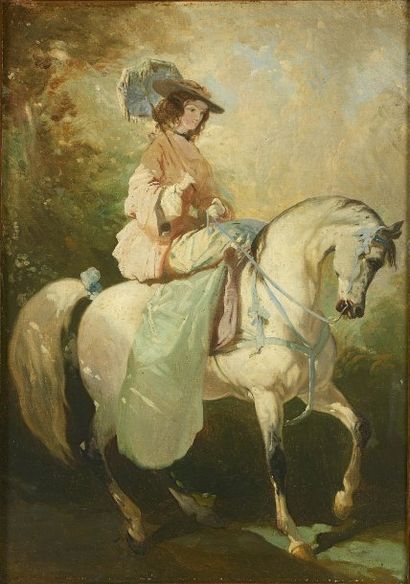 Alfred DE DREUX (1810 - 1860) Elégante montant à cheval en amazone Huile sur toile,...