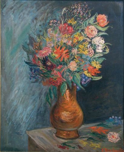 Constantin TERECHKOVITCH (1902 - 1978) Bouquet de fleurs sur une table Huile sur...