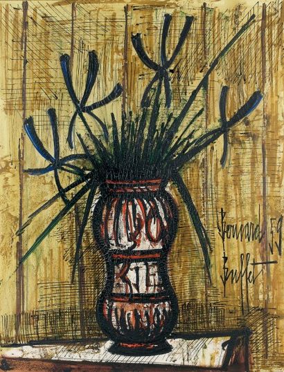 Bernard BUFFET (1928 - 1999) Vase de fleurs Huile sur papier signé au milieu à droite...