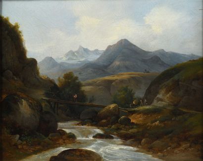 null Nicolas Victor FONVILLE (1805-1856) Le pont de bois sur le torrent Huile sur...
