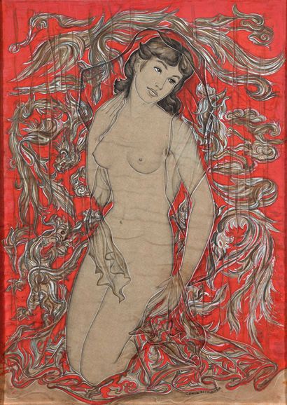 null Génia MINACHE (1907-1972) Femme nue agenouillée sur fond rouge Gouache sur papier,...