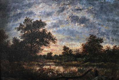 null Théodore ROUSSEAU (1812-1867), entourage de Paysage lacustre au crépuscule Huile...